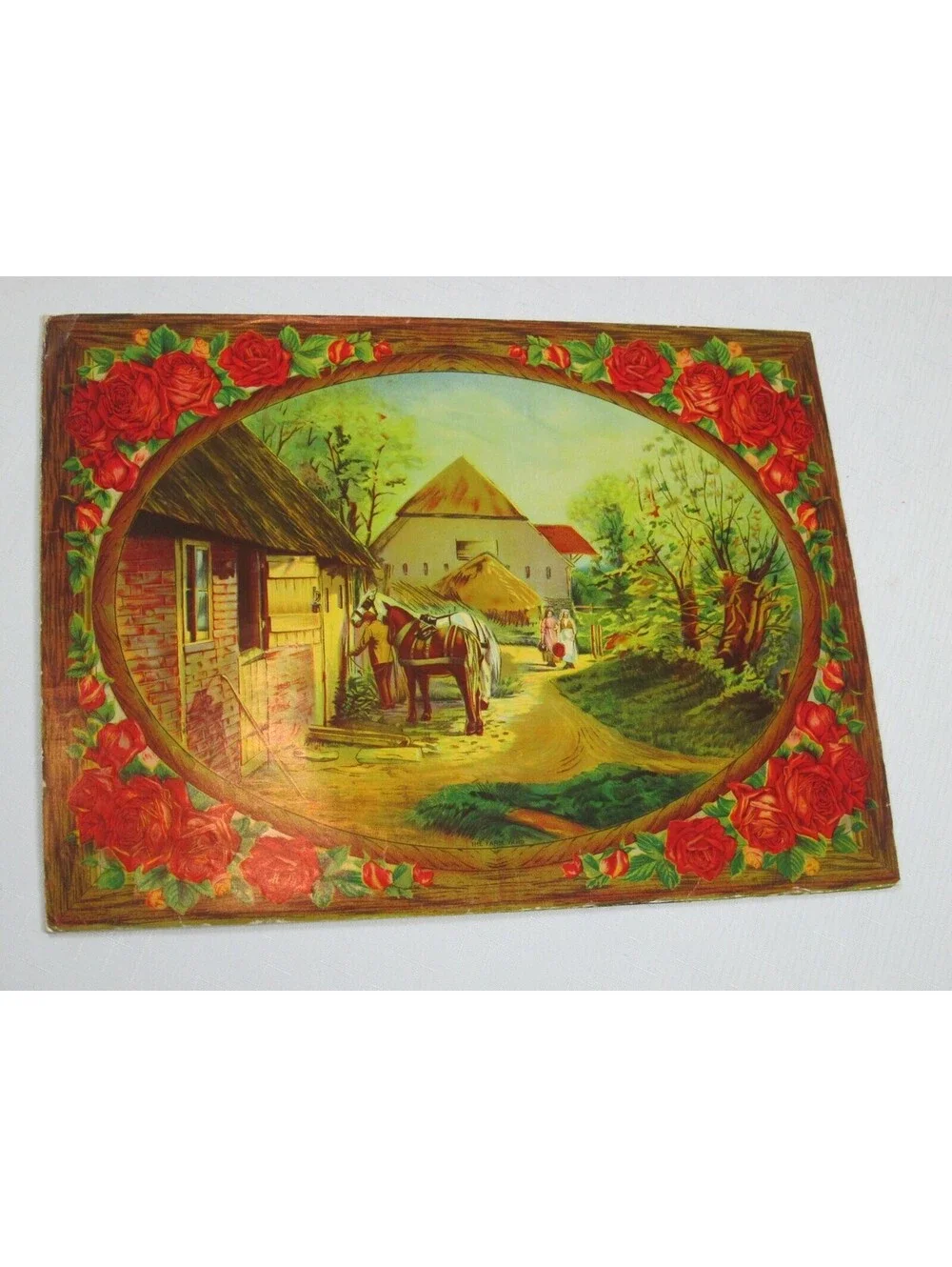 Vintage The Farm Yard Chromolithograph Print Victorian Country Horse Scene 16x12